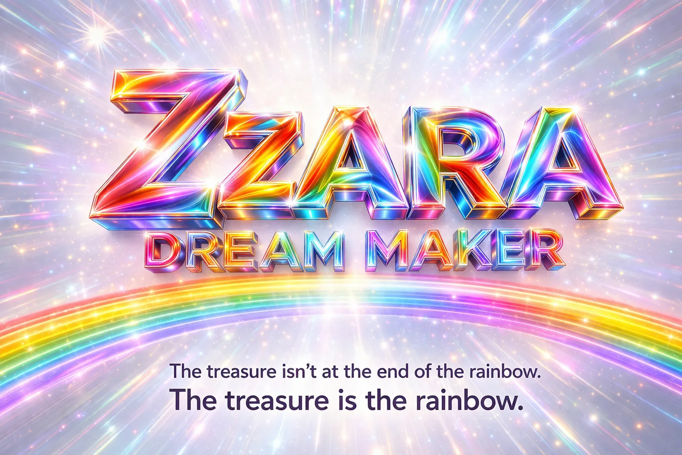 ZzARA Dream Maker in 3D rainbow chrome over a rainbow — The treasure isn't at the end of the rainbow. The treasure is the rainbow.